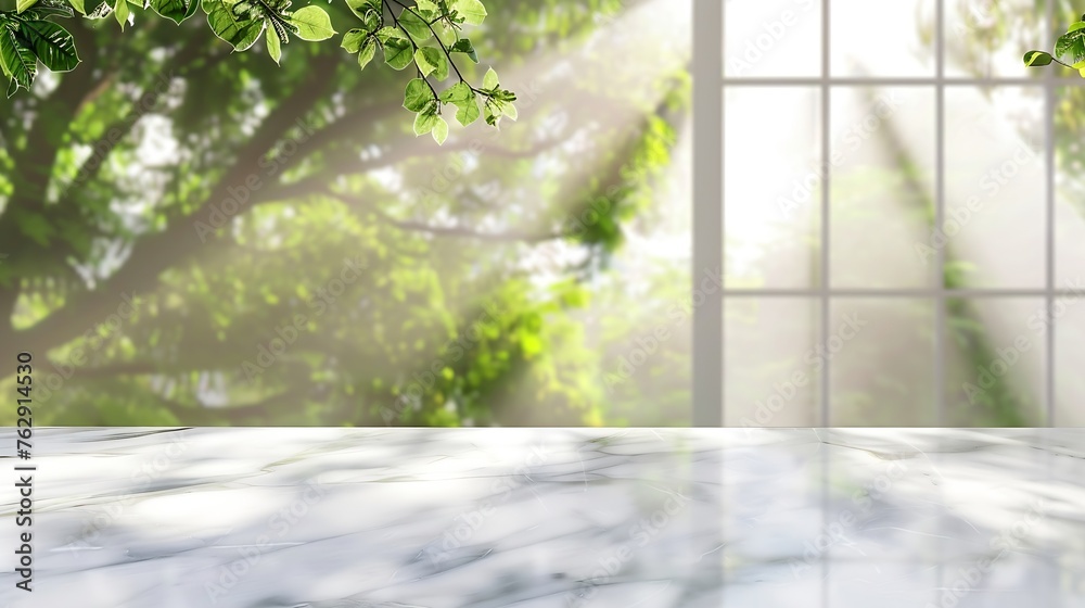 Poster empty white stone marble table top and blurred of interior room with window view green from tree gar