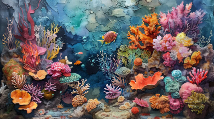Naklejka na ściany i meble In the watercolor painting, a rich and vibrant underwater scene unfolds, showcasing a diverse array of coral reef life.