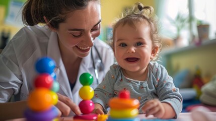Fototapeta na wymiar Pediatrician playing with a baby using a toy