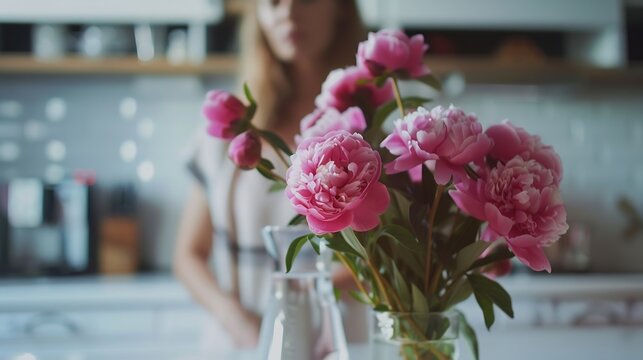 Blurred woman arranging peonies in vase on background of minimal white kitchen in new modern home Motion image of housewife decorating house with flowers housekeeping : Generative AI