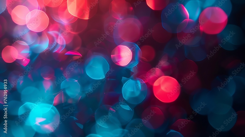 Poster Neon blur glow Color light overlay Disco illumination Defocused blue pink red ultraviolet radiance soft texture on dark black abstract empty space background : Generative AI