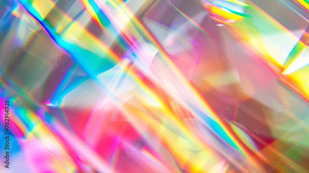 Poster Blurred rainbow light refraction texture overlay effect for photo and mockups Organic drop diagonal holographic flare on a white wall Shadows for natural light effects : Generative AI