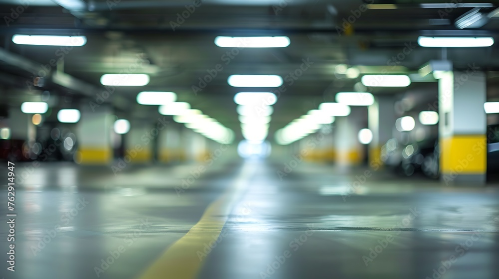 Poster blurred image parking garage in the mall for background : generative ai