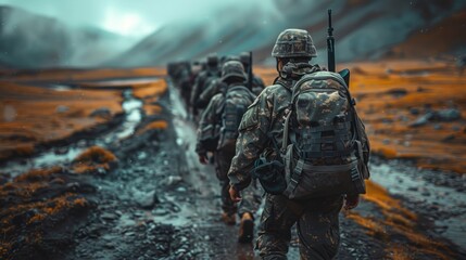 Soldiers marching towards the unknown - obrazy, fototapety, plakaty