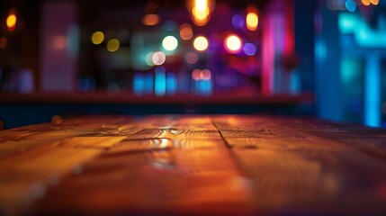 Wood table top with reflect on blur of lighting in night caferestaurant backgroundselective focus : Generative AI - obrazy, fototapety, plakaty