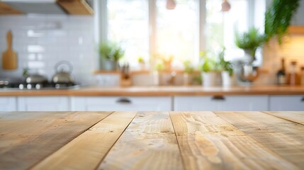 Kitchen wooden table top and kitchen blur background interior style scandinavian : Generative AI