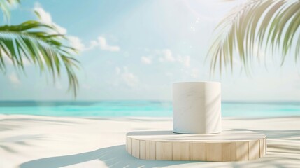 Fototapeta na wymiar Summer product display on wooden podium at sea tropical beach : Generative AI