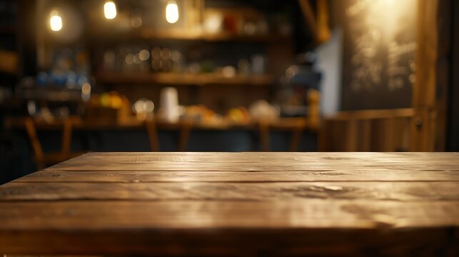 The empty wooden table top with blur background of cafe Exuberant image : Generative AI