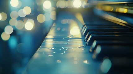 Piano keys closeup on a blurred background with bokeh : Generative AI - obrazy, fototapety, plakaty