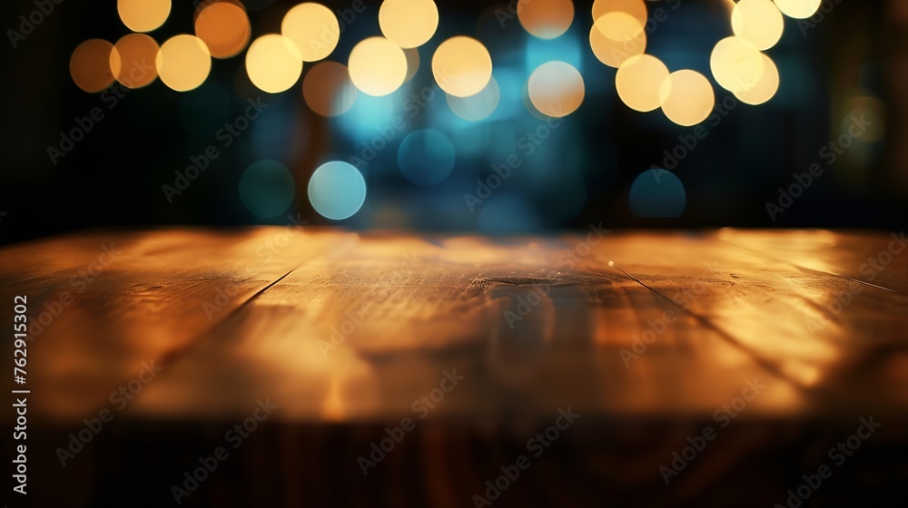 Poster background image of wooden table in front of abstract blurred restaurant lights : generative ai