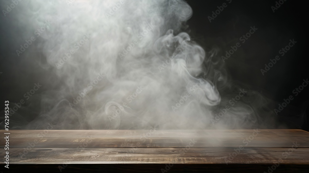 Aufkleber On a black background an empty wooden table with smoke floats up Empty space for displaying your products with a smoke float up on a dark background Space available for displaying your : Generative AI