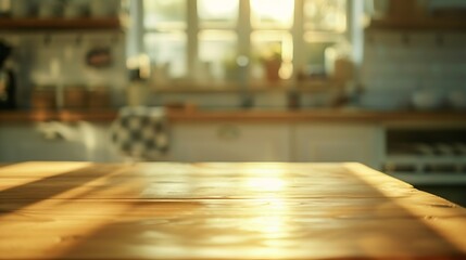 Empty textured wooden table and kitchen window shelves blurred background : Generative AI - obrazy, fototapety, plakaty
