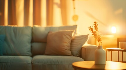 Closeup of bright living room with sofa and table in front of sofa against blurred background : Generative AI