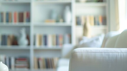 blur image background book shelf and sofa furniture interior decoration in home : Generative AI
