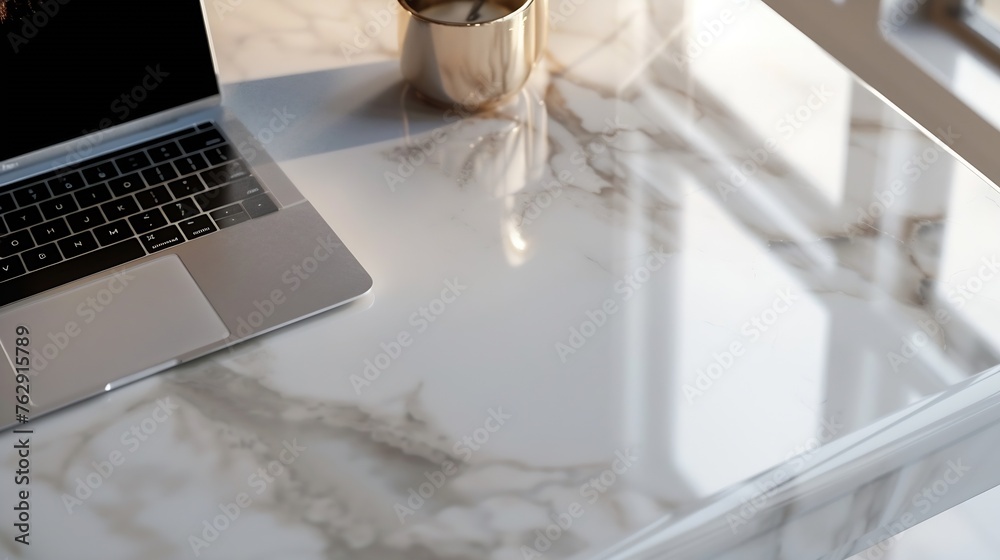 Aufkleber office workplace with laptop and copy space on marble table : generative ai