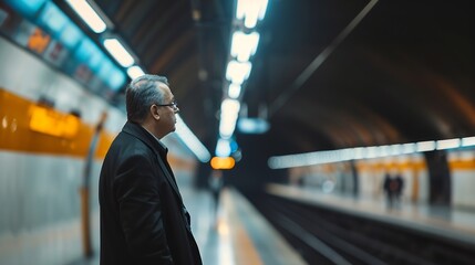 Mature businessman standing on subway platform : Generative AI - obrazy, fototapety, plakaty