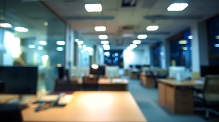 At night beautiful Abstract blurred office interior room blurry working space with defocused effect...