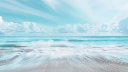 The blur cool sea background on horizon tropical sandy beach relaxing outdoors vacation with heavenly mind view at a resort deck touching sunshine sky surf summer clouds and light blue : Generative AI - obrazy, fototapety, plakaty