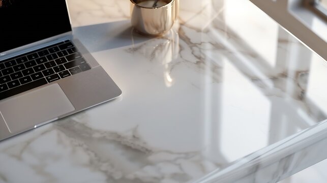 Office workplace with laptop and copy space on marble table : Generative AI