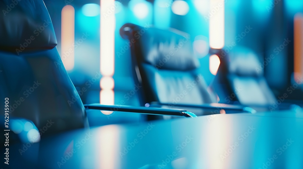 Poster Modern blue business room with table and chair as background Abstract blur and defocus effect background : Generative AI