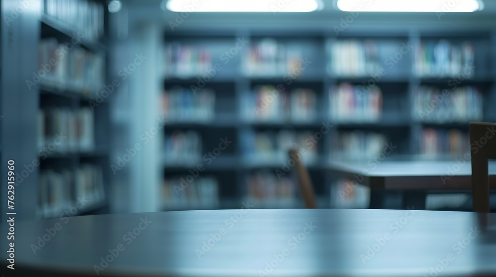 Poster library with table desk and bookshelf abstract blur defocused background : generative ai