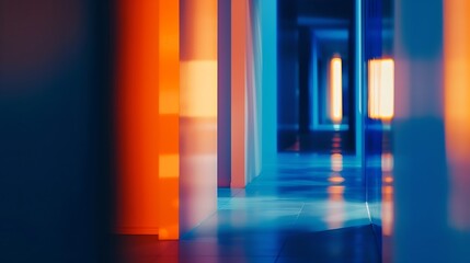 abstract blur modern interior inside entrance building of office in blue background with orange light effect concept : Generative AI