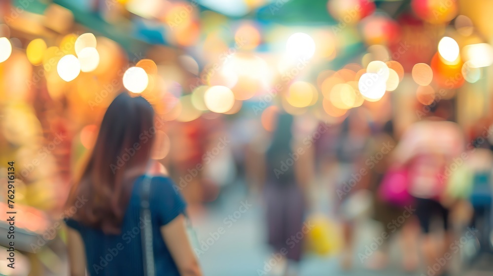 Poster blur people shopping in local street market with colorful bokeh abstract background copy space of tr