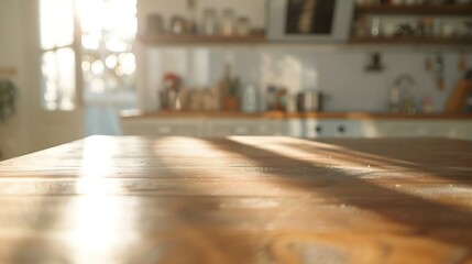 Beautiful empty brown wooden table top and blurred defocused modern kitchen interior background with day light flare product montage display : Generative AI