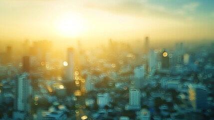 Fototapeta premium Background of cityscape concept Blur aerial view building big city on amazing golden warm light at sunrise Bangkok Thailand Asia : Generative AI