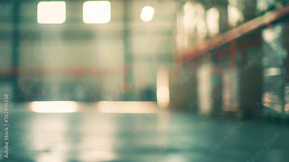 Aufkleber Blur warehouse background Blurred store factory industry warehouse space and hardware box for delivery with bokeh light background business logistic distribution storage cargo concept : Generative AI
