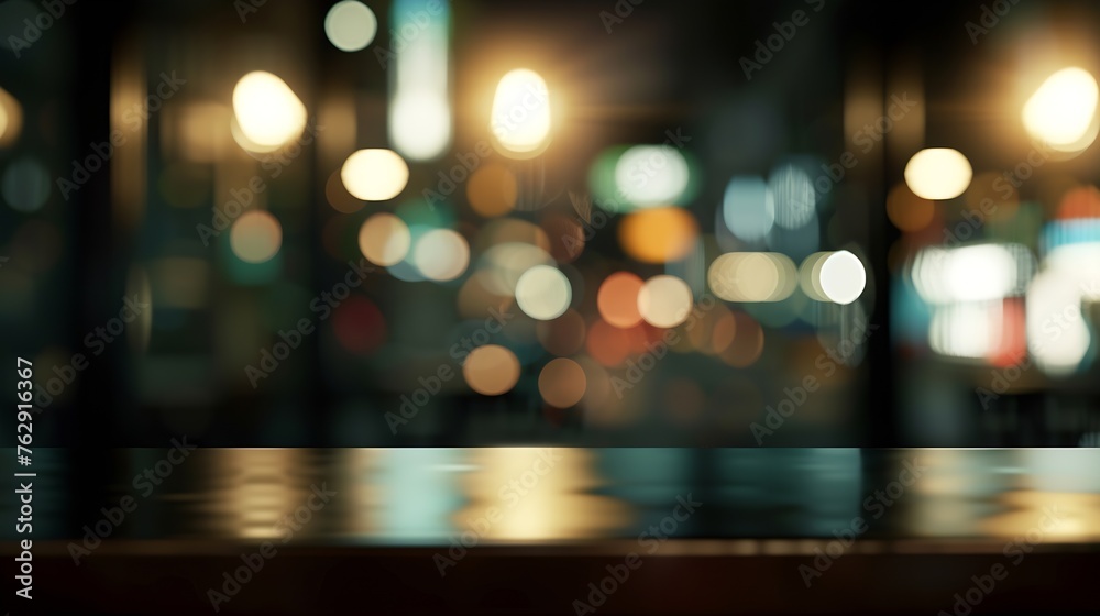 Aufkleber dark blurred background with empty table top cafe restaurant windows background for your product : Generative AI