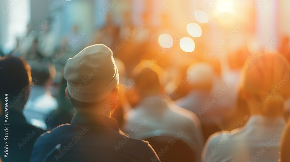 Poster blurred defocused audience in conference lecture presentation room corporate presentations in confer