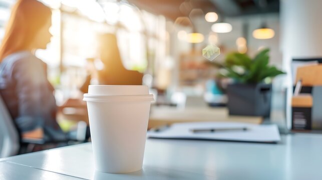 Closeup image of a white coffee cup on a office desk over blurred background of businesswoman working on her project : Generative AI