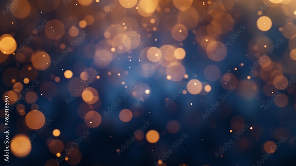 Poster Festive abstract defocused Background with bokeh lights photographic effect Golden Christmas light spots on dark blue background defocused Beautiful Blurred Holiday Texture for design : Generative AI