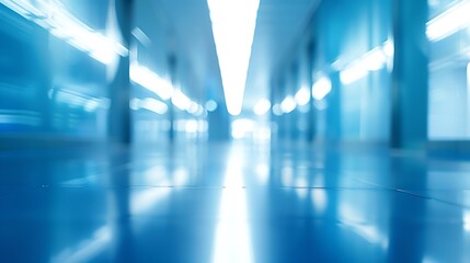 abstract blurred of hospital corridor blue color background concept : Generative AI