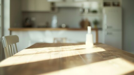 Fototapeta na wymiar Blurred view of modern kitchen with white furniture with wooden table : Generative AI