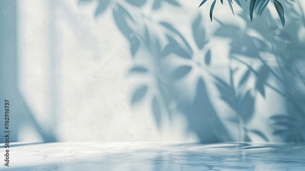 Poster Minimalistic light background with blurred foliage shadow on a light blue wall Beautiful background for presentation with with marble floor : Generative AI