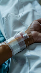 High-Standard Infection Control: Intravenous Line Placement in Patient's Arm Amidst Clinical Setting