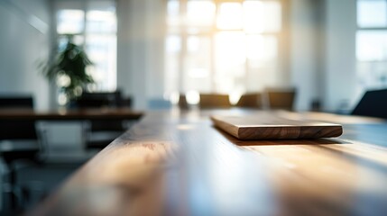 On the blurred background of the empty office room a wooden board rested atop the table :...