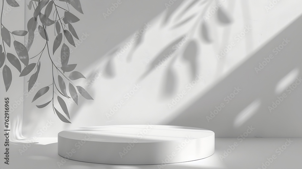 Fototapete Background White Shadow Studio Light Display Product 3d Gray Blurred Leaf Wall Space Empty Podium Abstract Grey Pattern Texture Design Kitchen Table Interor Shadow Sun Room Template Be : Generative AI