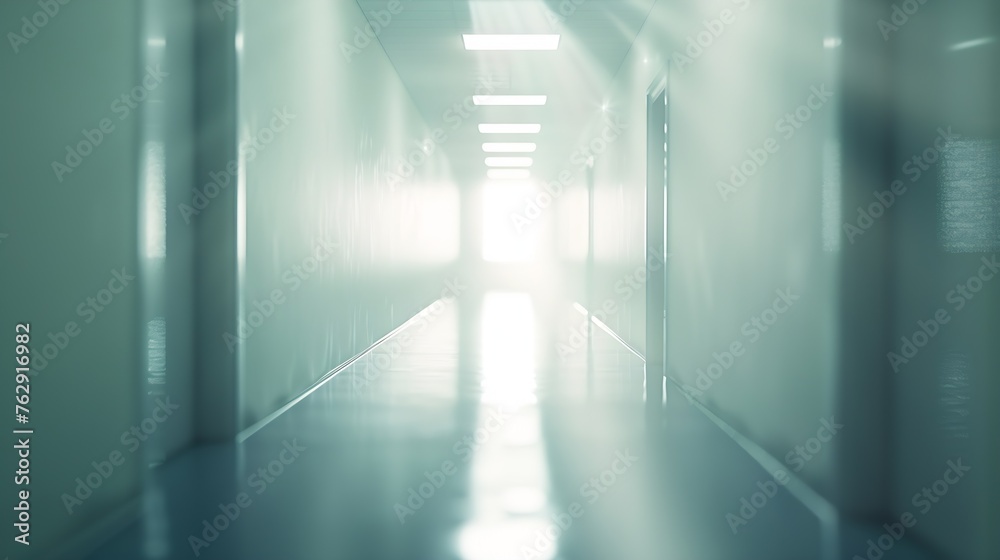 Poster bright empty defocused hospital corridor background with copy space : generative ai