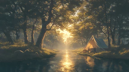 Fotobehang Illustration of a camping tent on the river in the morning  © yusuf