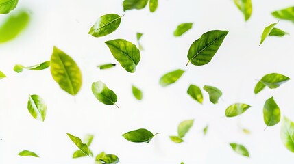 Green leaves flying in the air isolated on white backgroundDay of clean air : Generative AI