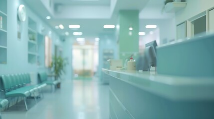 Medical blur background patient service counter hospital lobby cashier and pharmacy dispensary counter blurry interior inside waiting hall area : Generative AI - obrazy, fototapety, plakaty
