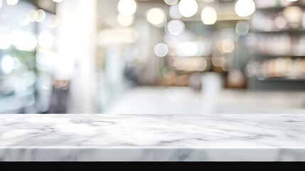 White table and blur kitchen background Empty white marble counter shelf table top over blur store shop with abstract bokeh light background Product and food display desk banner mockup : Generative AI