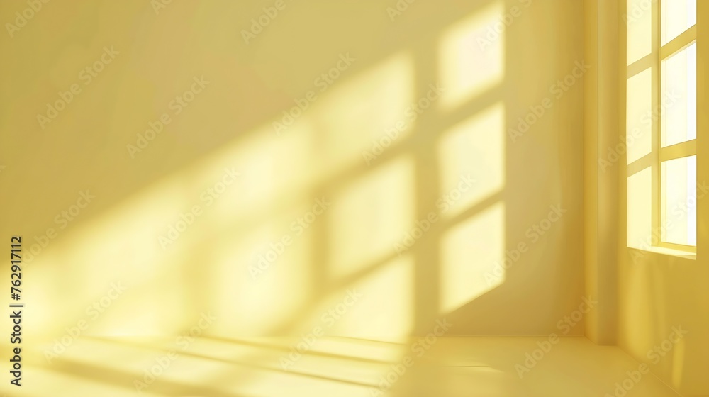 Poster Abstract pastel yellow studio background for product presentation Empty room with shadows of window Display product with blurred backdrop : Generative AI