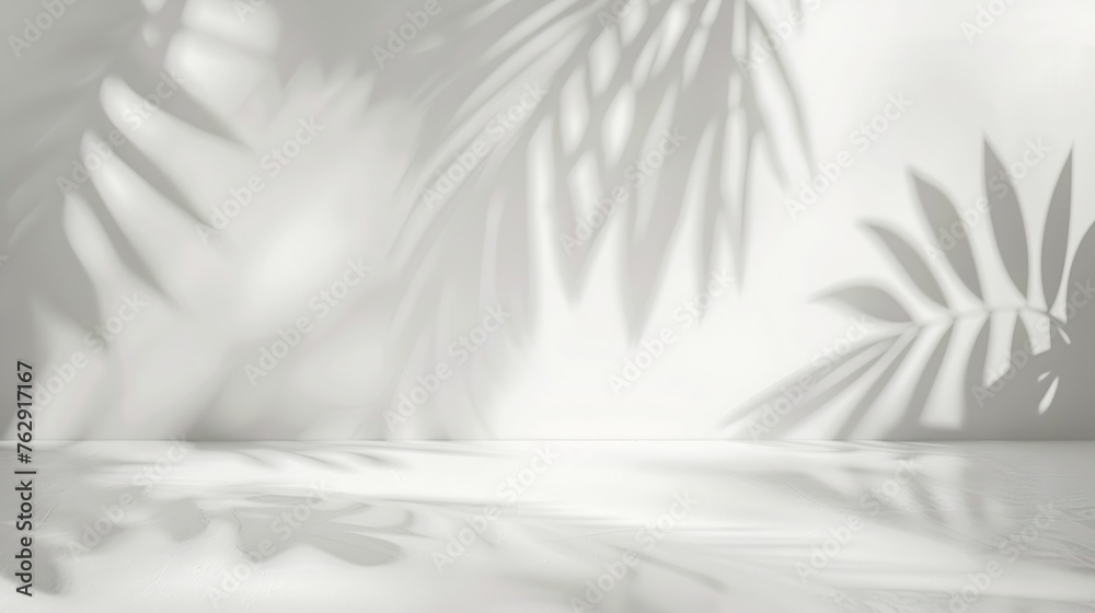 Poster Minimalistic light background with blurred foliage shadow on a white wall Beautiful background for presentation with with smooth floor : Generative AI