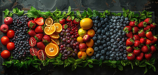 Large collection fresh fruits and vegetables useful for health. Created with Ai
