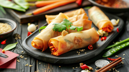 Chinese Spring rolls, Chinese style soft tortilla wraps filled with vegetables and meat, surrounded...