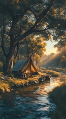 Illustration of a camping tent on the river in the morning
